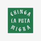 Chinga La Migra Sticker & Magnet features bold, white Old-English text on a green background, advocating against immigration enforcement. Ideal for displaying values on laptops, water bottles, or protest signs.