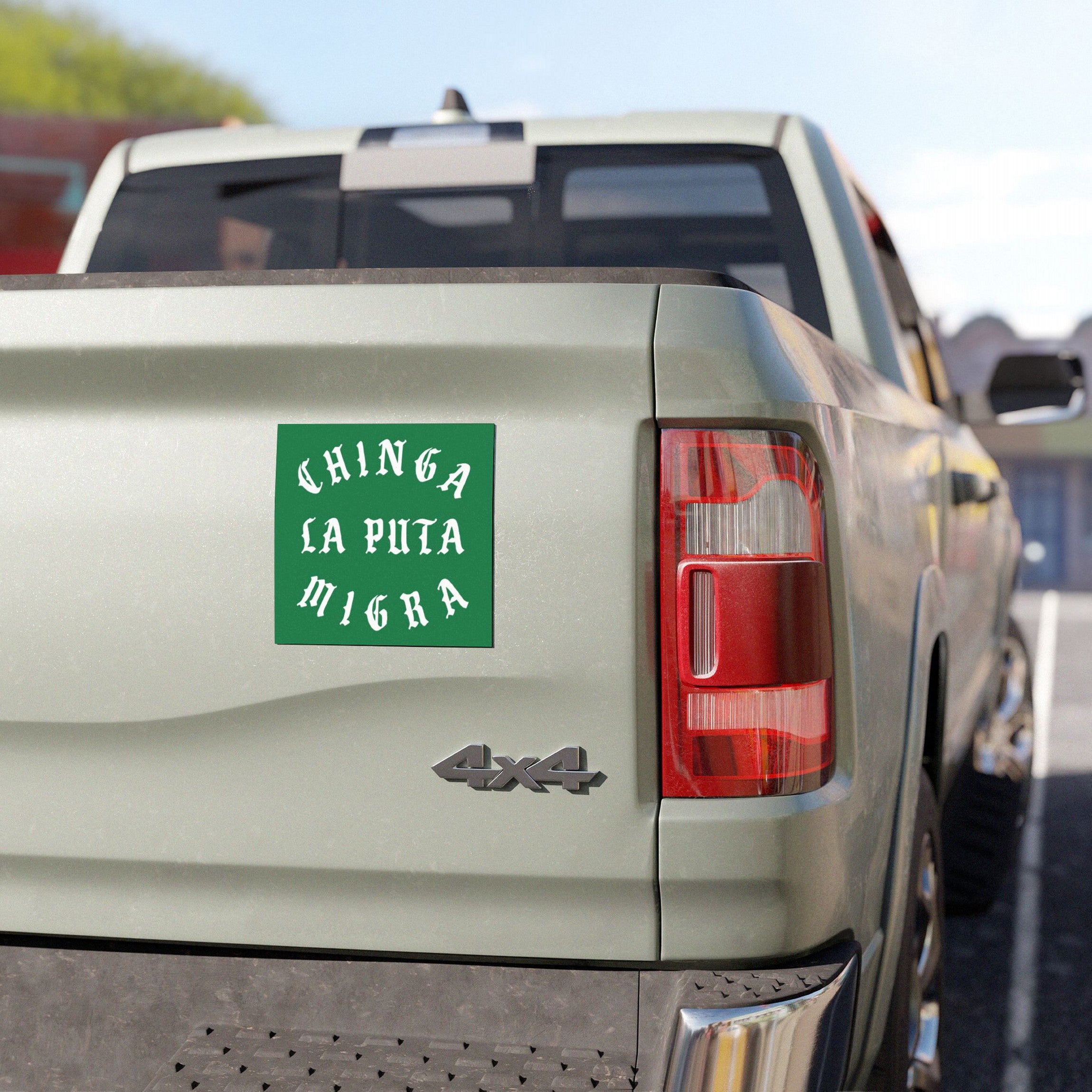 Chinga La Migra Sticker & Magnet displayed on a light-green 4x4 truck, showcasing a bold statement in support of immigrant rights and anti-fascist activism, with white stylized lettering on a green background.