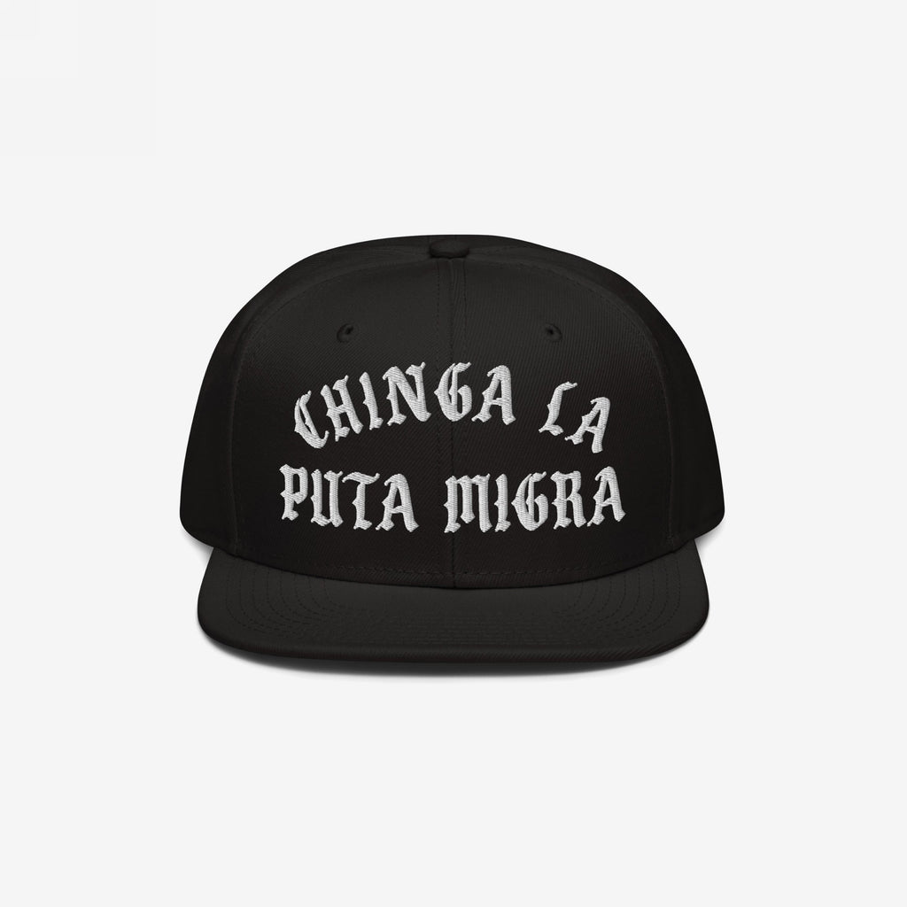 The Chinga La Migra Hat features bold, white Old English embroidery on the front, delivering a powerful anti-fascist message, ideal for immigrant rights defenders and protest attendees.