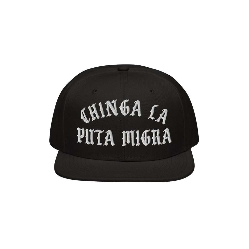The Chinga La Migra Hat features bold, white Old English embroidery on the front, delivering a powerful anti-fascist message,