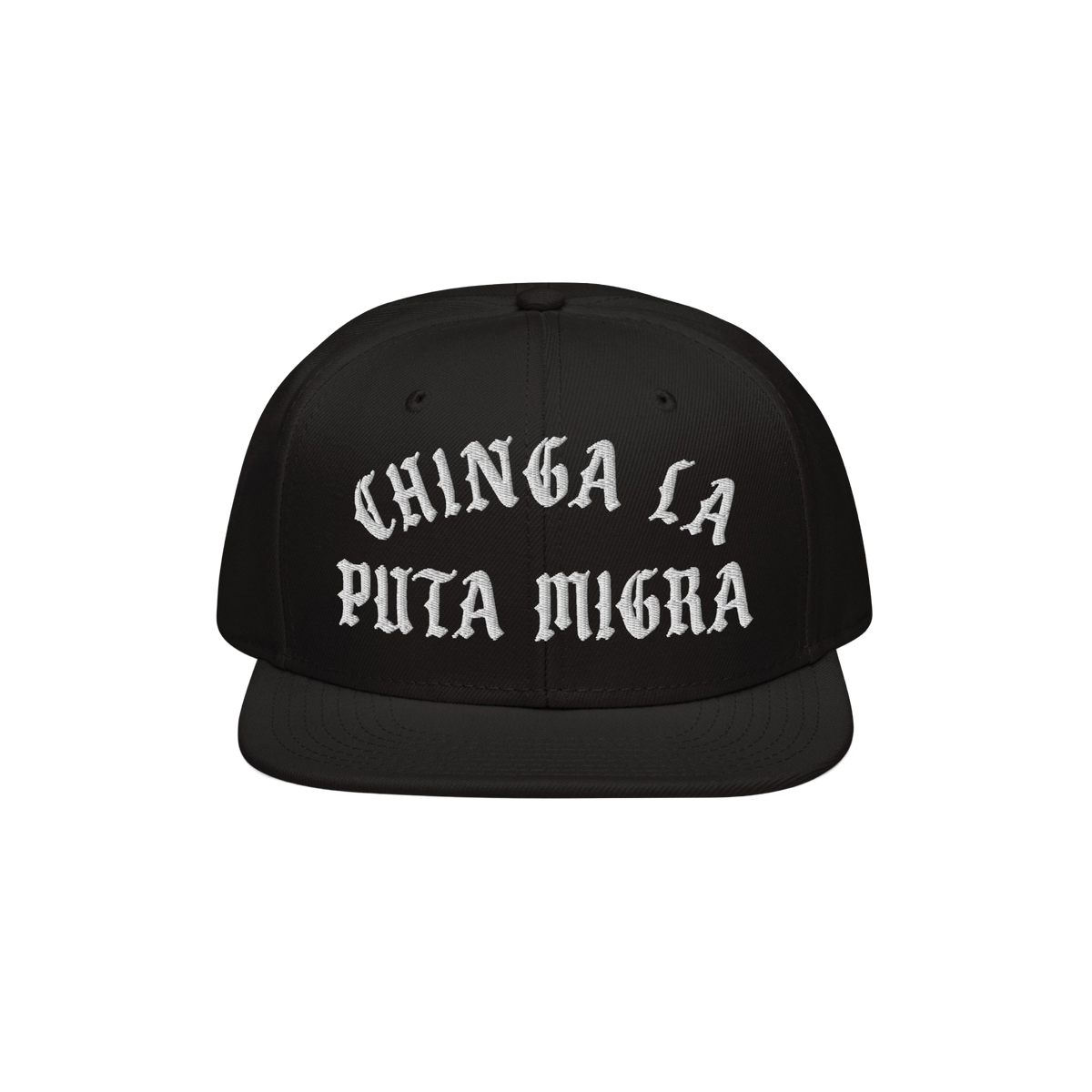 The Chinga La Migra Hat features bold, white Old English embroidery on the front, delivering a powerful anti-fascist message,