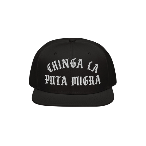 The Chinga La Migra Hat features bold, white Old English embroidery on the front, delivering a powerful anti-fascist message,