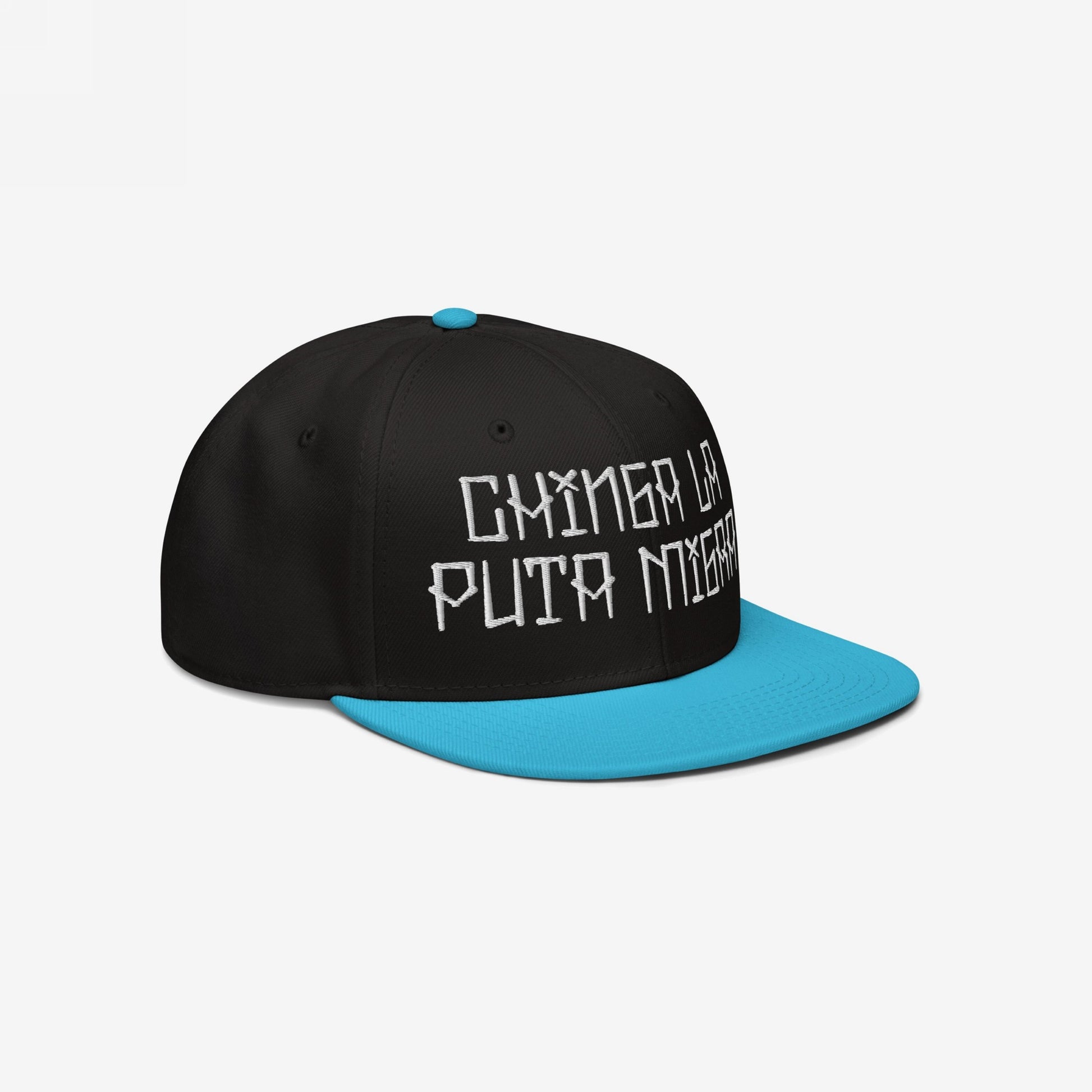 Chinga La Migra Hat with a black crown and turquoise brim, featuring bold white embroidered lettering, embodies a defiant stance against immigration enforcement, championing resistance and solidarity.