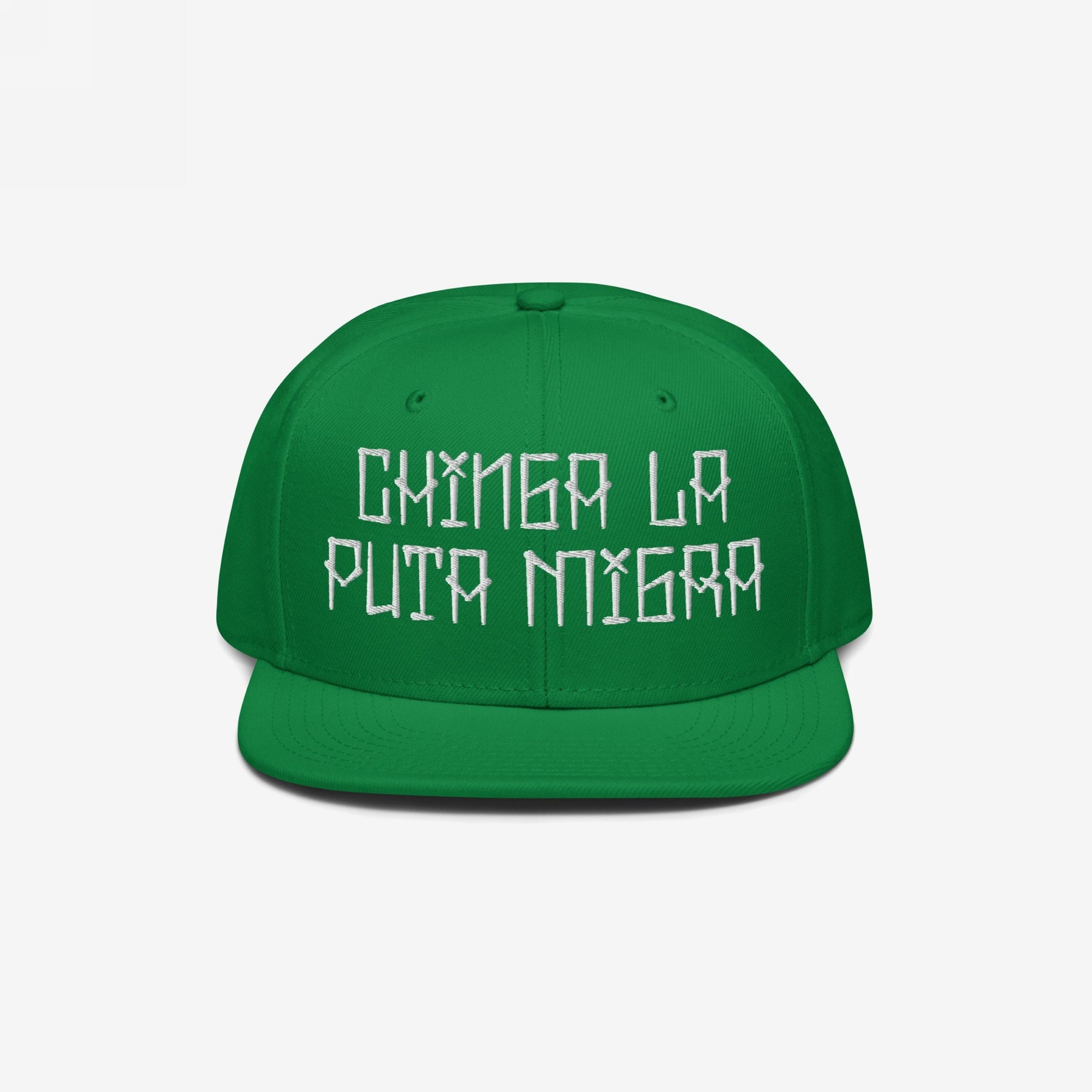 Green flat-brim cap with “CHINGA LA PUTA MIGRA” embroidered in white, symbolizing bold resistance against immigration injustices. The Chinga La Migra Hat embodies defiance and solidarity with marginalized communities.