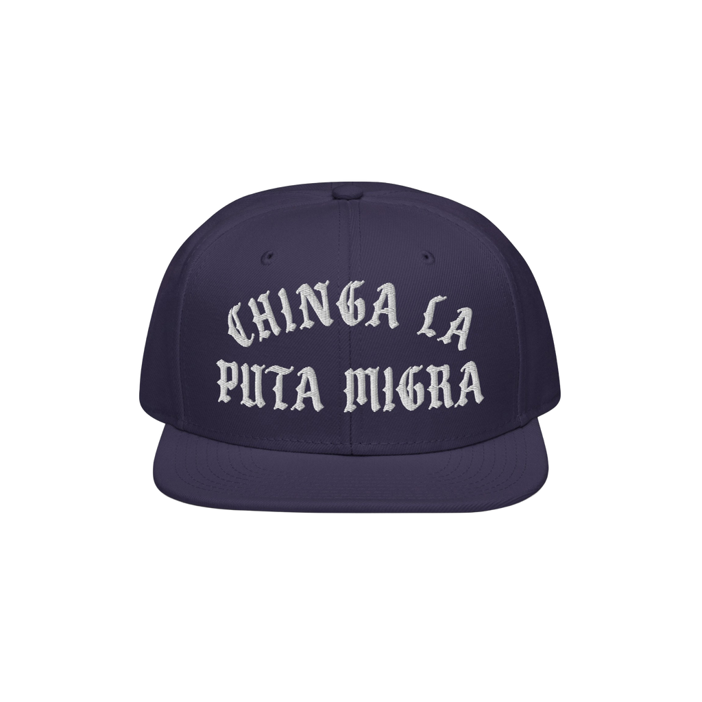 Chinga La Migra Hat: A dark-navy snapback featuring bold white Old English embroidery, symbolizing resistance against ICE, id