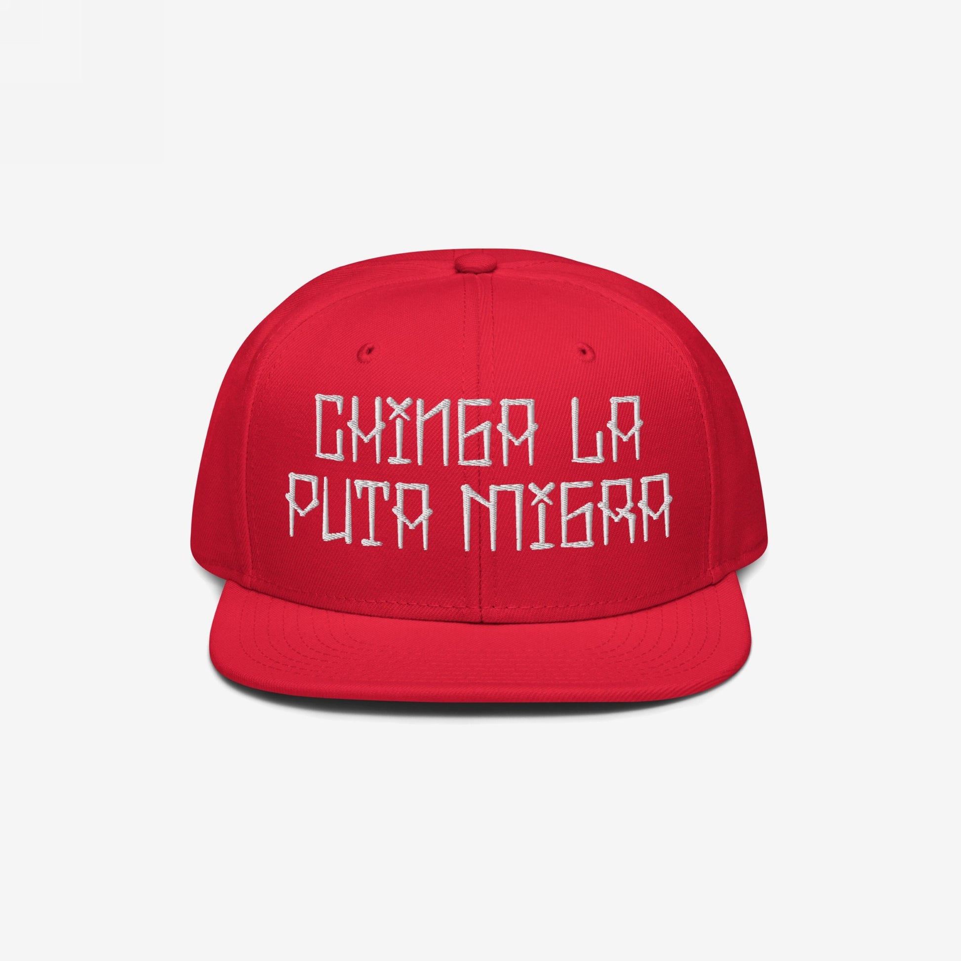 The Chinga La Migra Hat features bold white embroidery on a red snapback, expressing defiance against oppressive immigration systems, reflecting a commitment to resistance and solidarity against injustice.