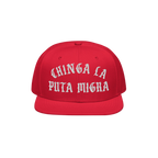 Chinga La Migra Hat: A bold red snapback featuring white Old English embroidery with the phrase CHINGA LA PUTA MIGRA, embodyi