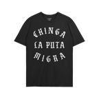 Black Chinga La Migra T-shirt featuring bold, white gothic-style text. The design embodies anti-fascist sentiment, ideal for 