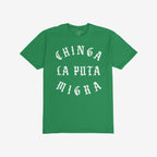 Chinga La Migra T-shirt displaying the phrase “Chinga la puta migra” in white Gothic-style lettering on a solid green background, embodying an anti-fascist, pro-immigrant message.