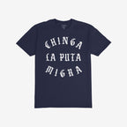 Navy-blue Chinga La Migra T-shirt featuring bold, distressed Old English-style text. Designed for anti-fascist advocacy, this shirt embodies a strong protest message central to immigrant rights.