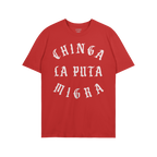 Chinga La Migra T-shirt features bold white lettering on a plain red fabric, promoting an anti-fascist message in vintage bla