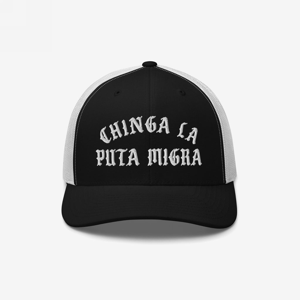 Chinga La Migra Hat features a black-and-white mesh trucker design with bold white Gothic embroidery, reading “CHINGA LA PITA MIGRA,” symbolizing anti-ICE sentiment. Perfect for protest enthusiasts and equality advocates.