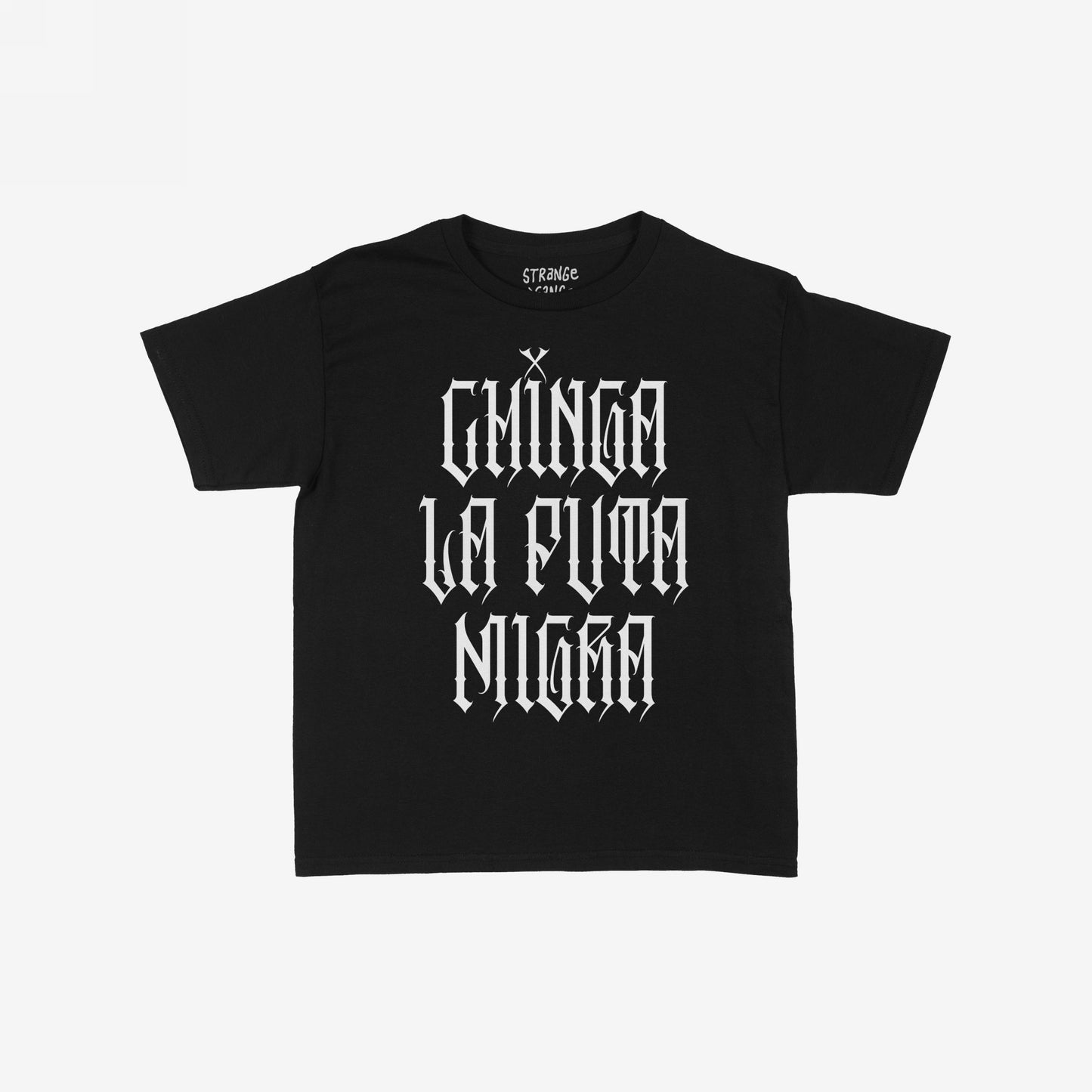 Chinga La Migra Women's Baby Tee featuring bold Gothic-style text. The design incorporates Spanish and English elements, delivering a powerful message of resistance and style with its “Chinga La Puta Migra” print.