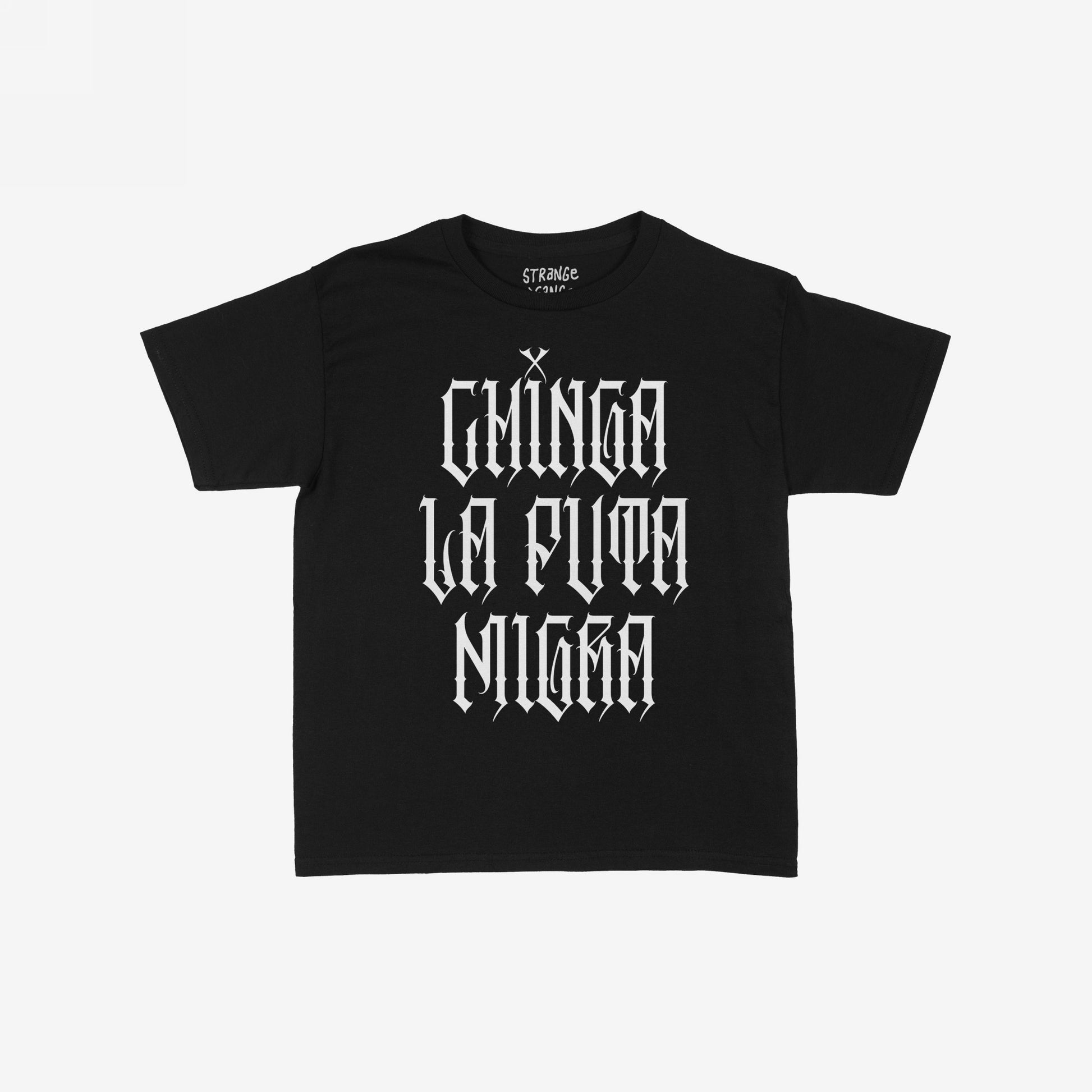 Chinga La Migra Women's Baby Tee featuring bold Gothic-style text. The design incorporates Spanish and English elements, delivering a powerful message of resistance and style with its “Chinga La Puta Migra” print.