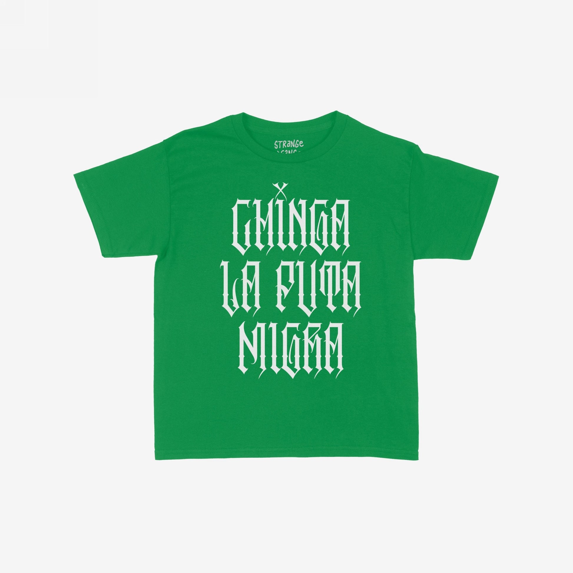 Green Chinga La Migra Women's Baby Tee showcasing bold, gothic text. The shirt’s message embodies defiance and activism, aligning with themes of resistance and equality. Perfect for a statement streetwear look.