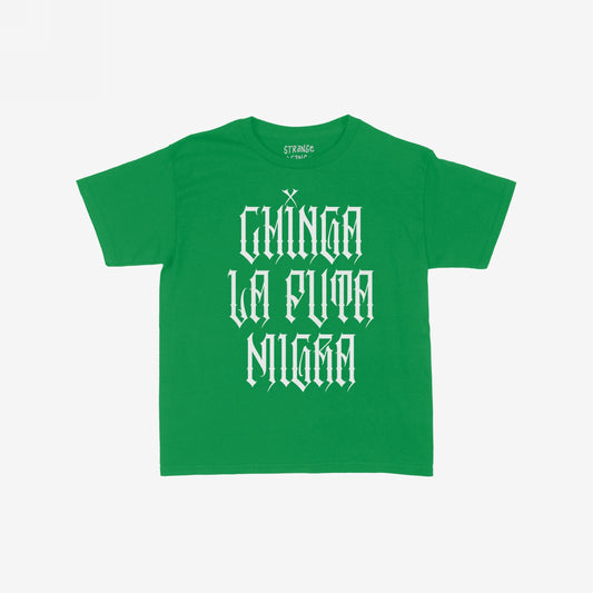 Green Chinga La Migra Women's Baby Tee showcasing bold, gothic text. The shirt’s message embodies defiance and activism, aligning with themes of resistance and equality. Perfect for a statement streetwear look.