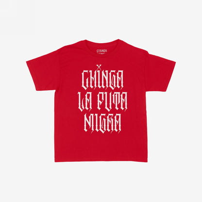 Chinga La Migra Women's Baby Tee featuring bold, white Gothic-style text reading a Spanish profanity. This statement piece embodies rebellious spirit and activism, aligning with themes of resistance and equality.