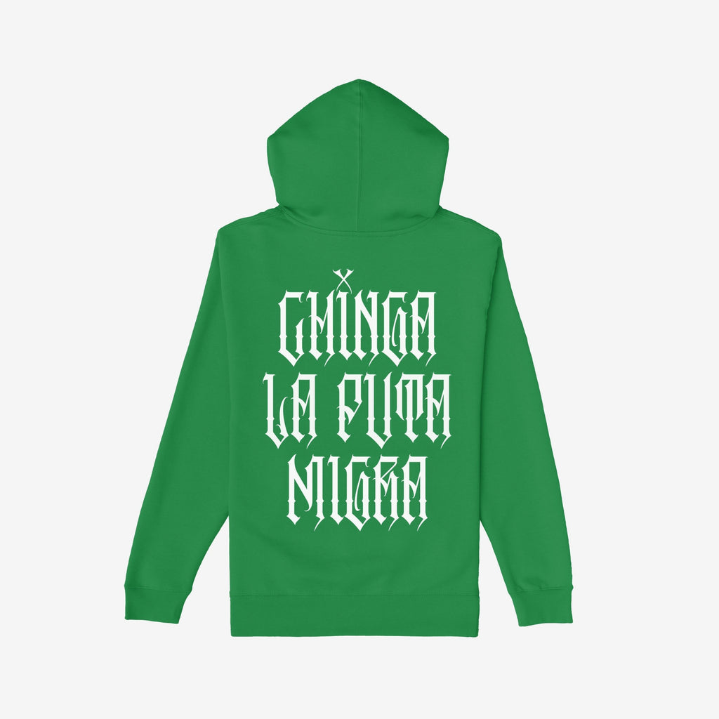 Chinga La Migra Hoodie & Sweatshirt features bold white gothic lettering on the back, delivering an unfiltered message against oppression, embodying the spirit of activism and defiance.