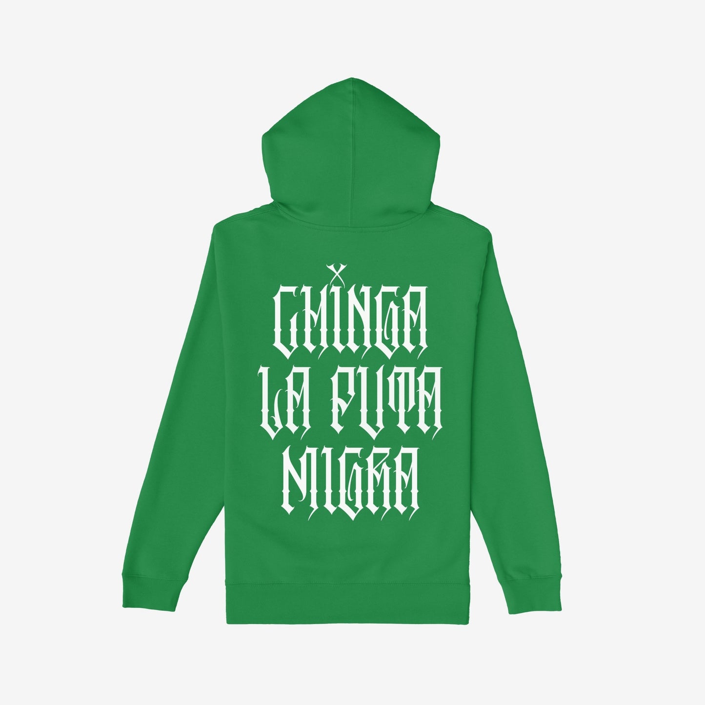 Chinga La Migra Hoodie & Sweatshirt features bold white gothic lettering on the back, delivering an unfiltered message against oppression, embodying the spirit of activism and defiance.