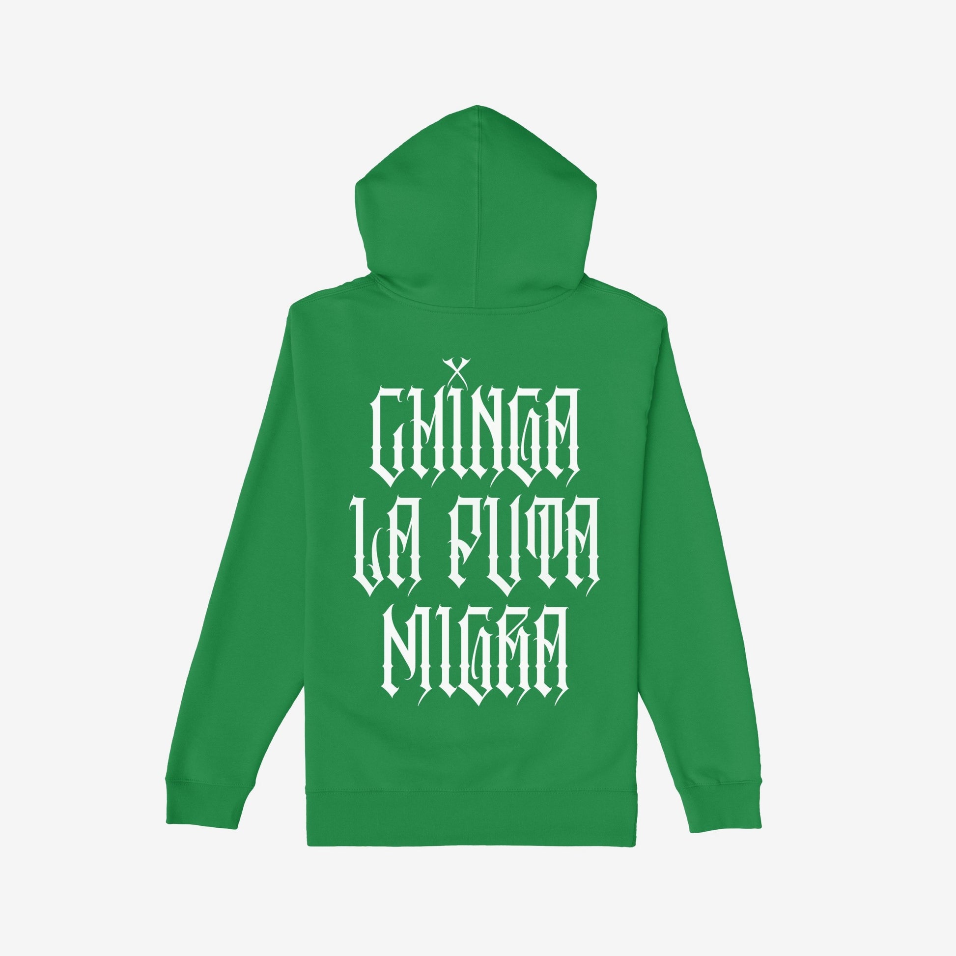 Chinga La Migra Hoodie & Sweatshirt features bold white gothic lettering on the back, delivering an unfiltered message against oppression, embodying the spirit of activism and defiance.