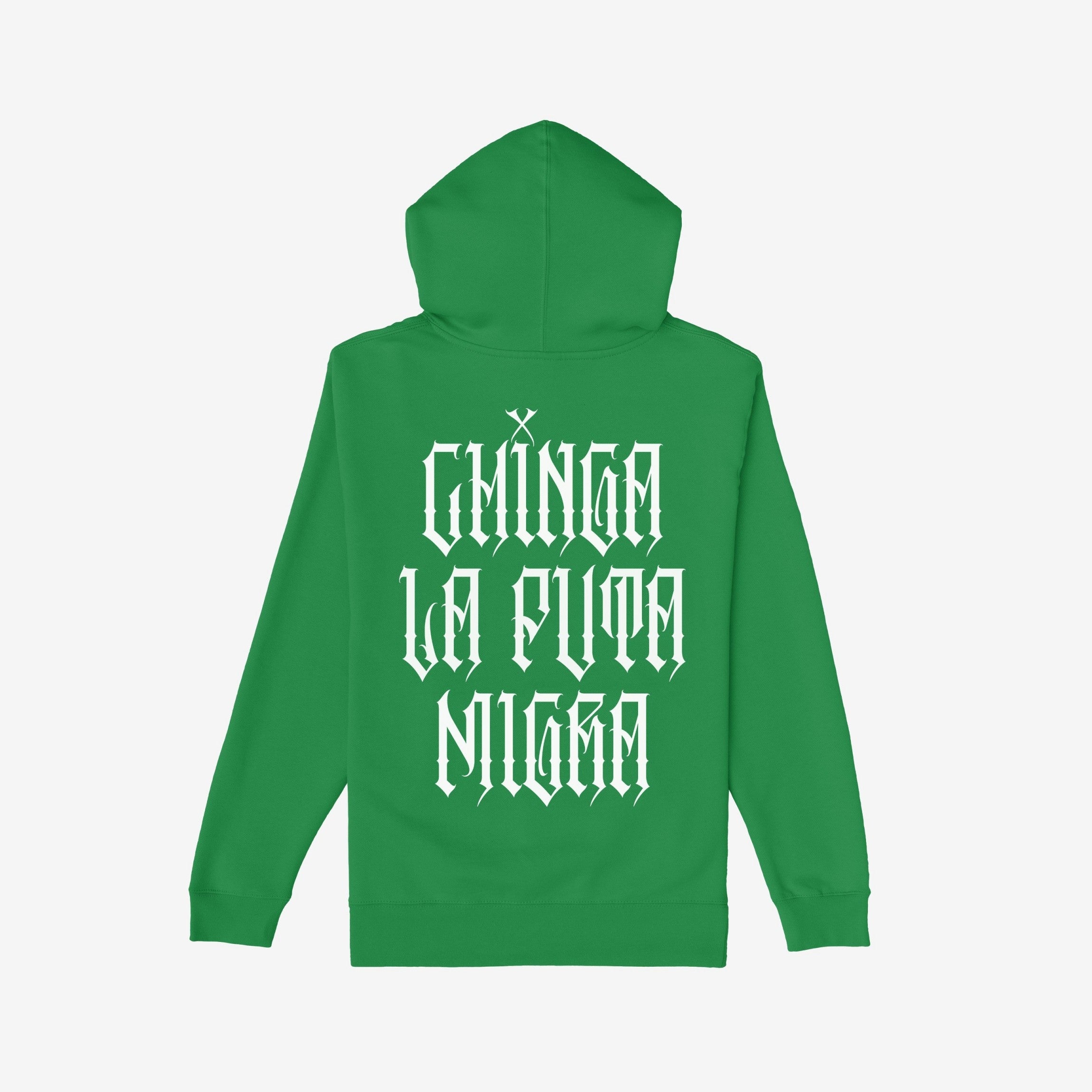 Chinga La Migra Hoodie & Sweatshirt features bold white gothic lettering on the back, delivering an unfiltered message against oppression, embodying the spirit of activism and defiance.