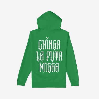 Chinga La Migra Hoodie & Sweatshirt features bold white gothic lettering on the back, delivering an unfiltered message against oppression, embodying the spirit of activism and defiance.