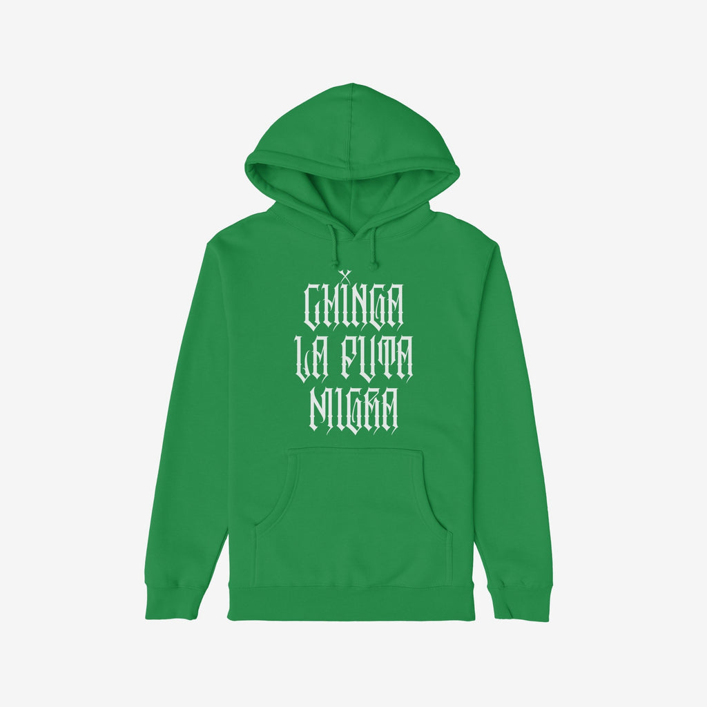 Chinga La Migra Hoodie & Sweatshirt features bold Old English lettering on a green pullover, conveying a powerful message against oppression with its striking design on both front and back.