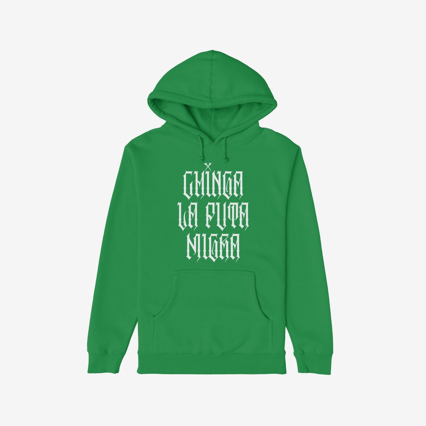 Chinga La Migra Hoodie & Sweatshirt features bold Old English lettering on a green pullover, conveying a powerful message against oppression with its striking design on both front and back.