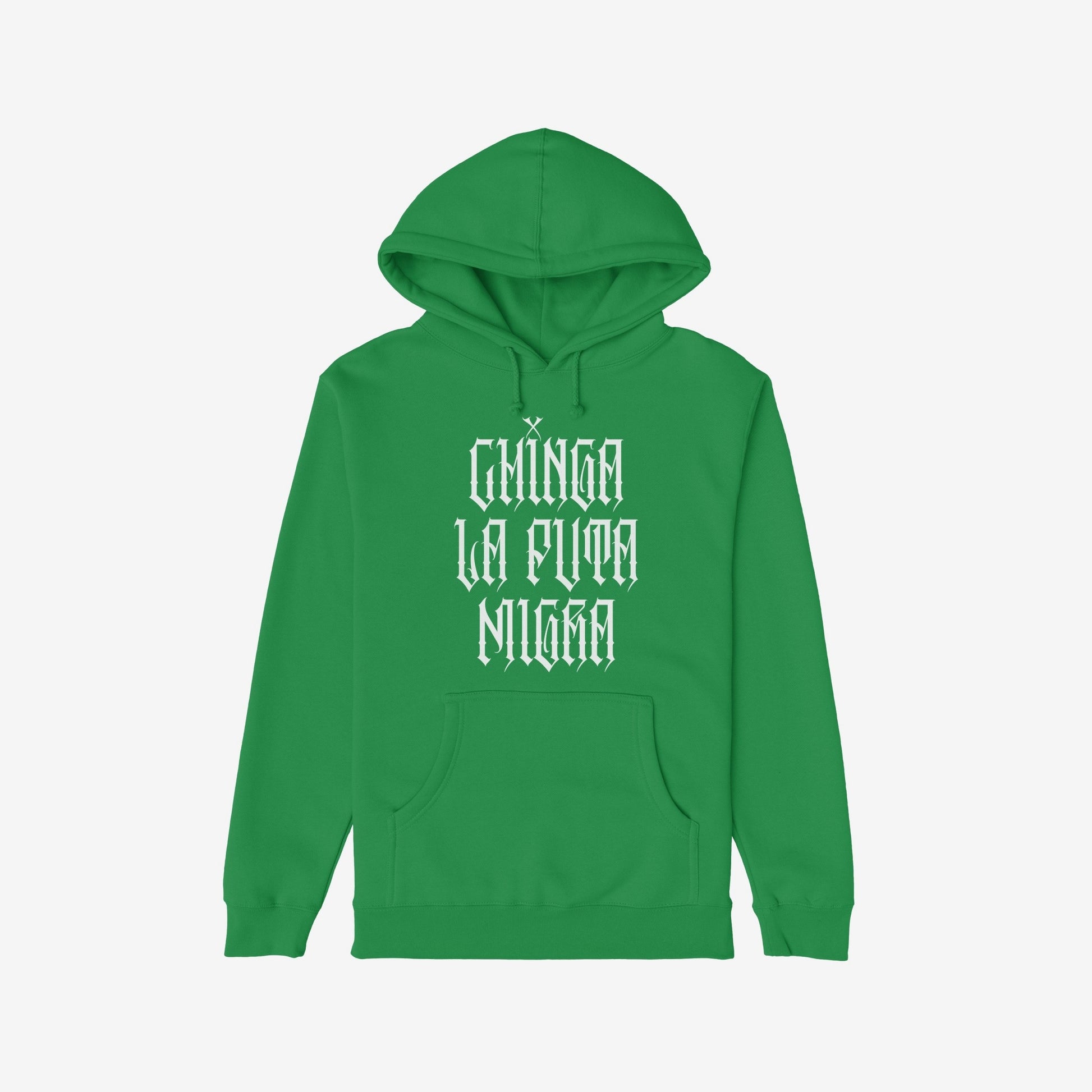 Chinga La Migra Hoodie & Sweatshirt features bold Old English lettering on a green pullover, conveying a powerful message against oppression with its striking design on both front and back.