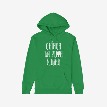 Chinga La Migra Hoodie & Sweatshirt features bold Old English lettering on a green pullover, conveying a powerful message against oppression with its striking design on both front and back.