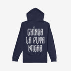 Chinga La Migra Hoodie: Back view of a dark-navy hoodie featuring bold white Gothic lettering reading CHINGA LA PUTA NIGRA, embodying a defiant message against oppressive systems.