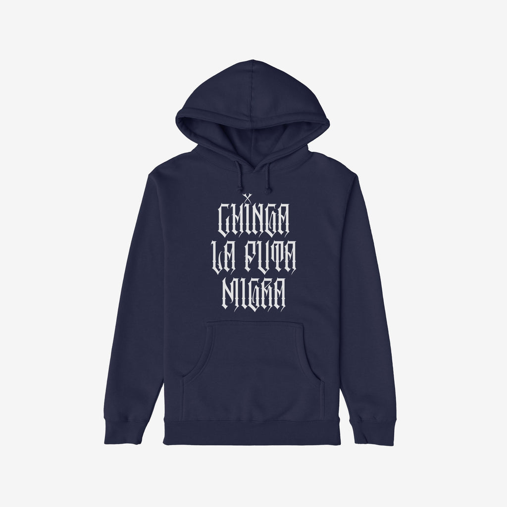 Chinga La Migra Hoodie & Sweatshirt features bold gothic lettering with the phrase Chinga La Puta Migra, offering a striking protest statement with impactful front and back designs.