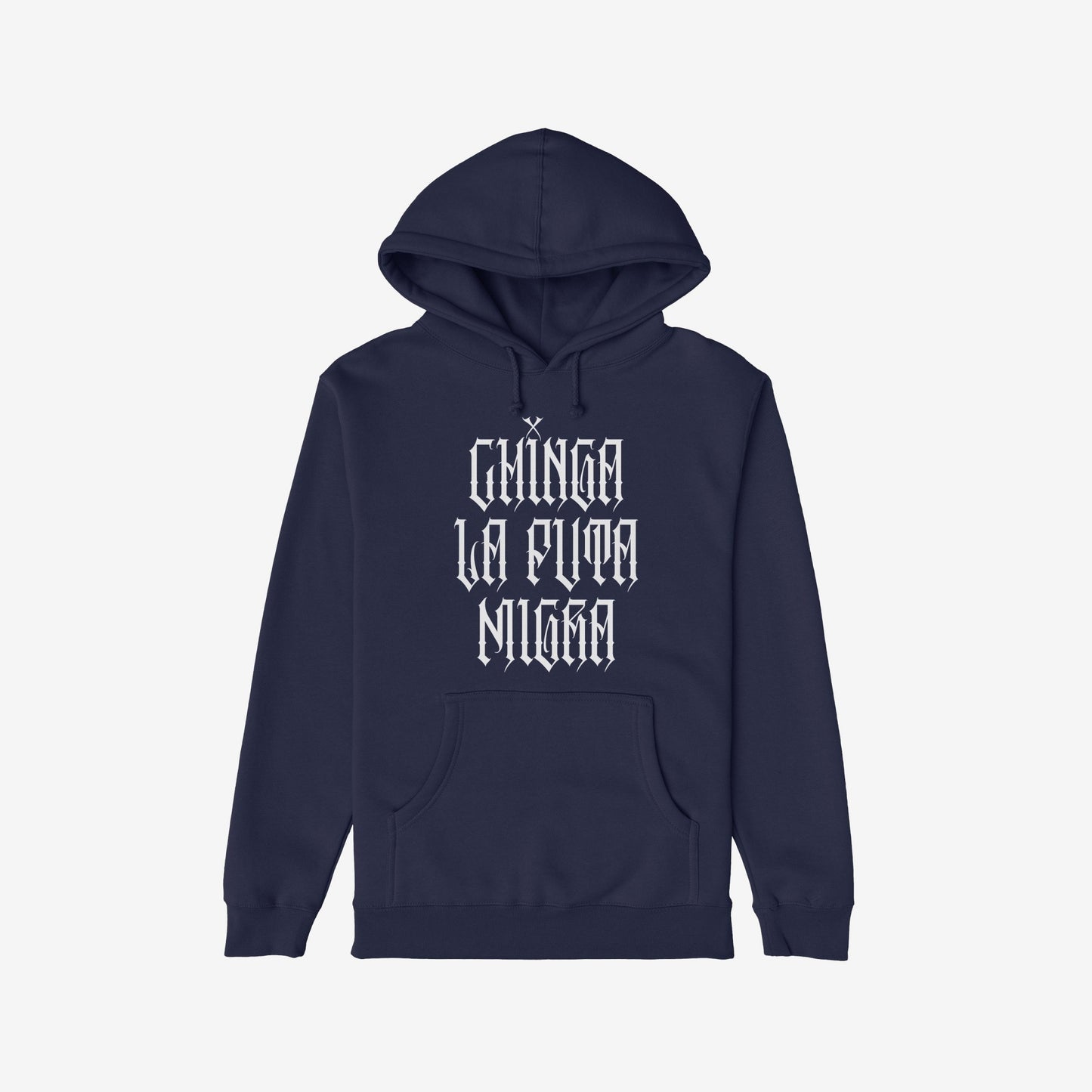 Chinga La Migra Hoodie & Sweatshirt features bold gothic lettering with the phrase Chinga La Puta Migra, offering a striking protest statement with impactful front and back designs.