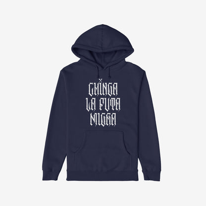 Chinga La Migra Hoodie & Sweatshirt features bold gothic lettering with the phrase Chinga La Puta Migra, offering a striking protest statement with impactful front and back designs.