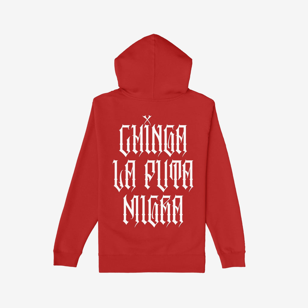 Chinga La Migra Hoodie features bold Old English lettering with a provocative message on the back, embodying defiance and resistance against oppression, aligning with the store's commitment to activism and equality.
