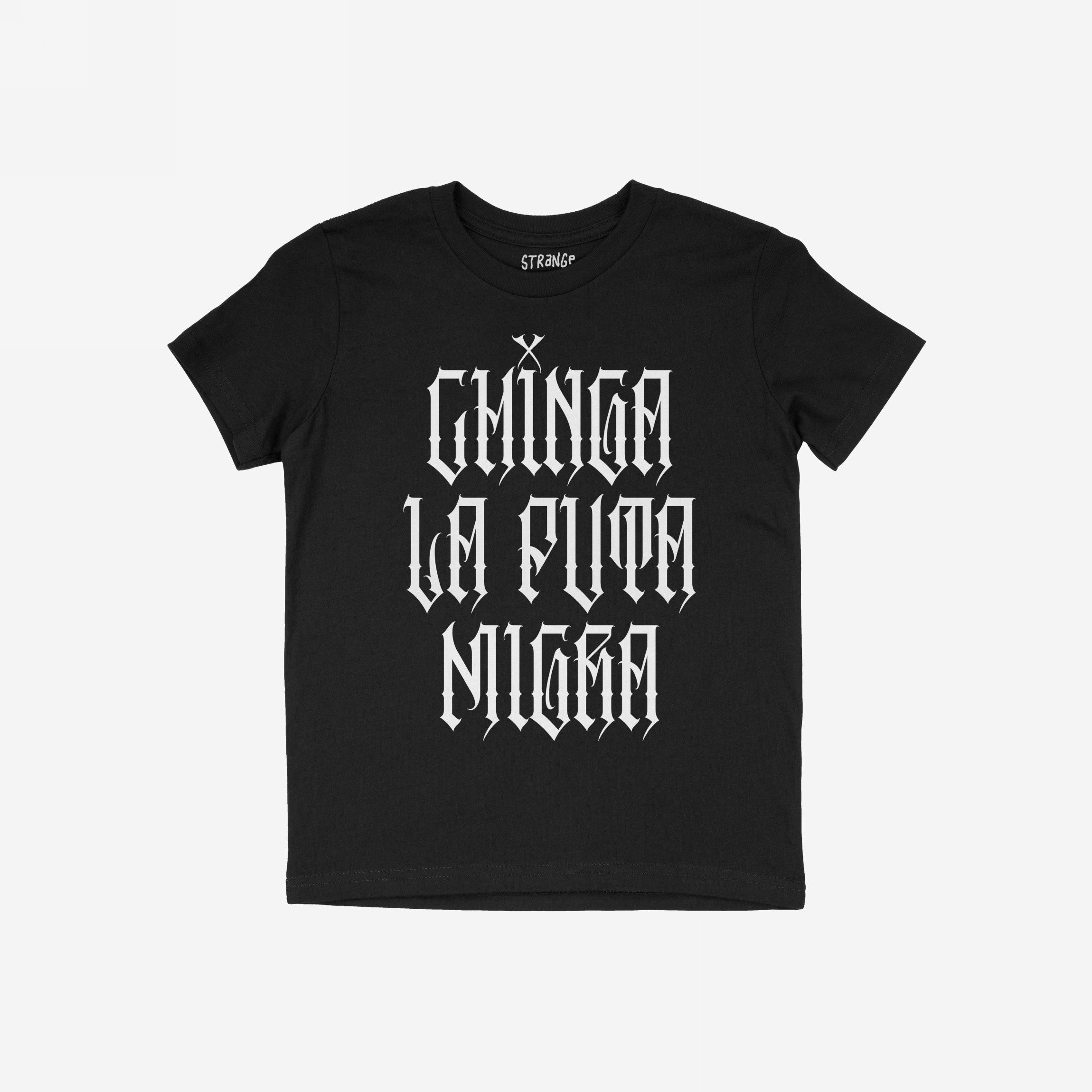 Chinga La Migra T-shirt with bold gothic slogan CHINGA LA PUTA MIGRA and crossed machetes on the front, symbolizing resistance and defiance. The brand name appears inside the collar.