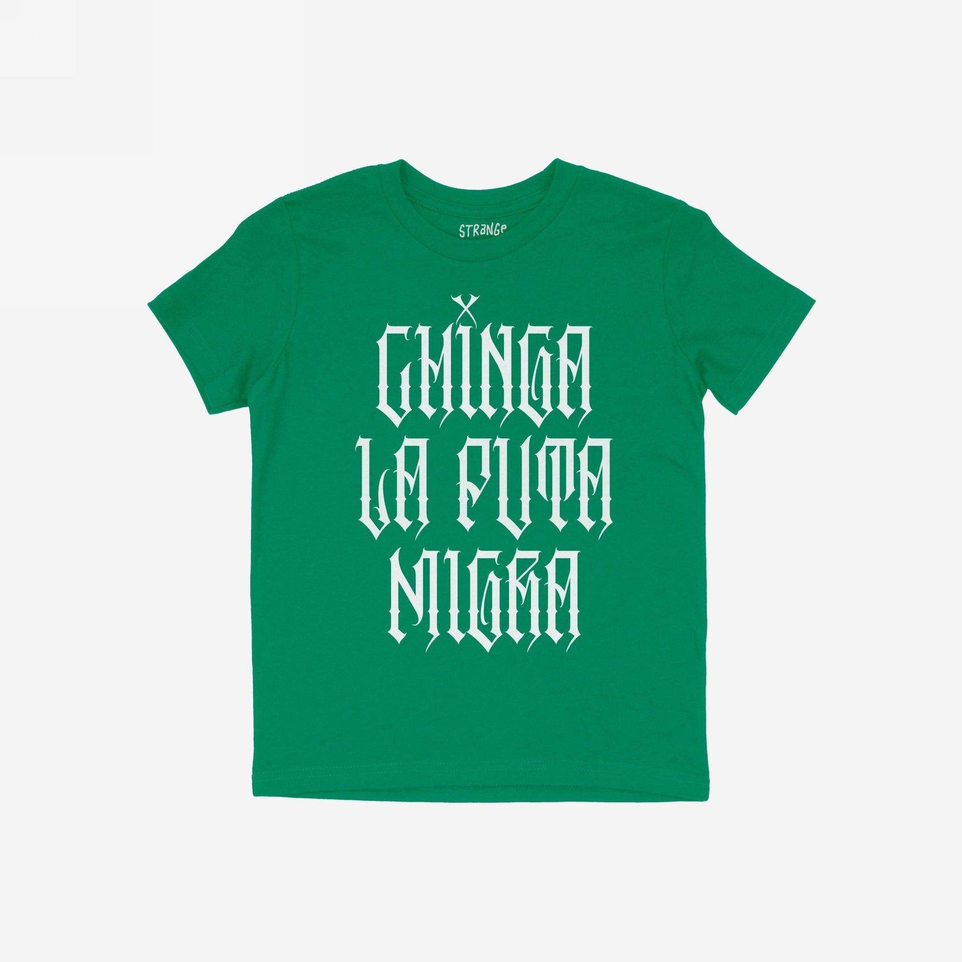 Green Chinga La Migra T-shirt featuring bold gothic lettering with a resistance message and crossed-axes graphic, reflecting a stance against oppression. Brand name visible inside the collar.