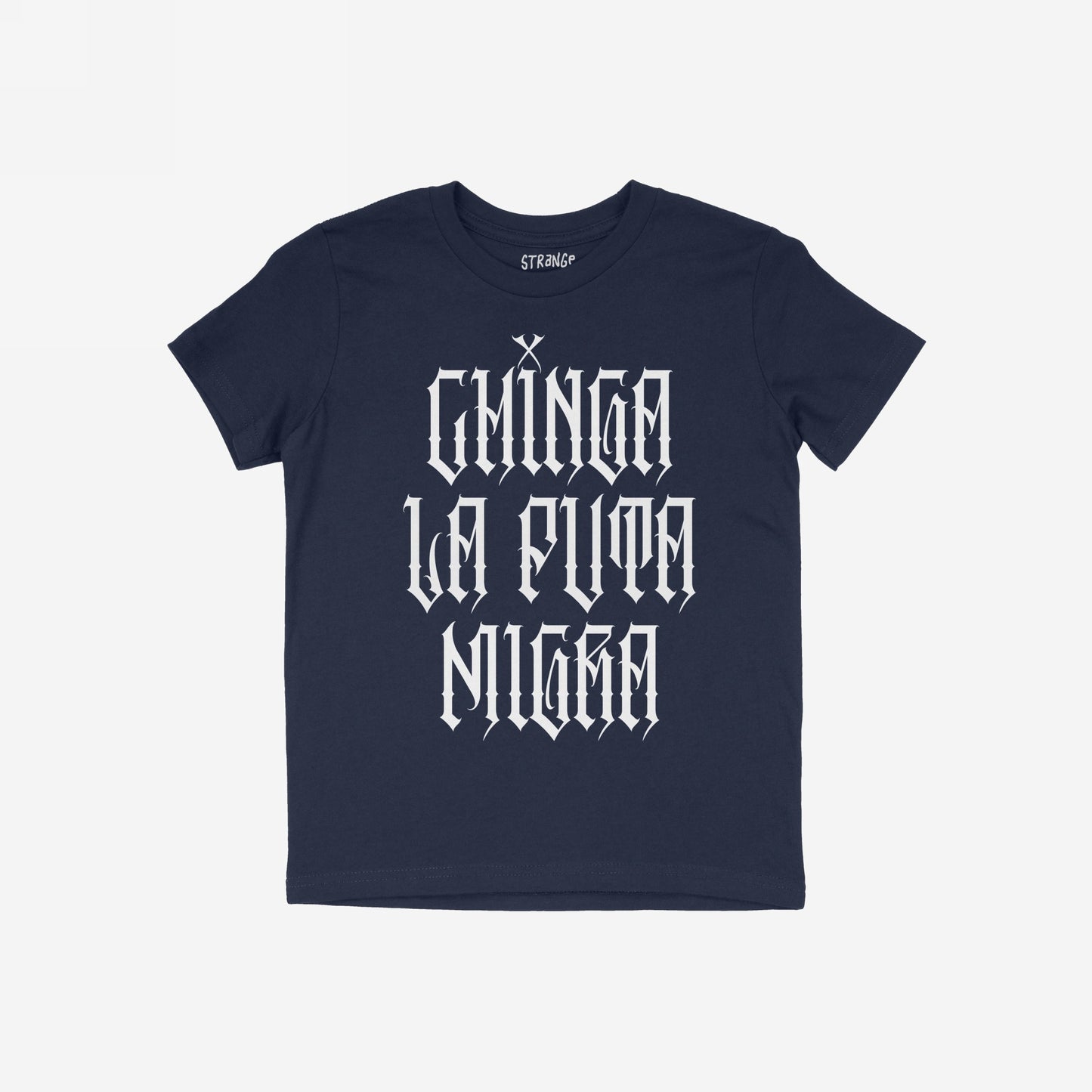 Chinga La Migra T-shirt featuring bold gothic lettering stating “Chinga La Puta Migra, embodying a defiant message against oppression, aligned with a stance for equality and resistance.