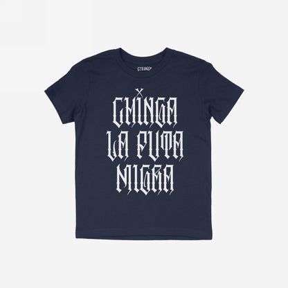 Chinga La Migra T-shirt featuring bold gothic lettering stating “Chinga La Puta Migra, embodying a defiant message against oppression, aligned with a stance for equality and resistance.
