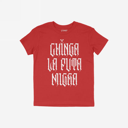 Chinga La Migra T-shirt showcasing bold white Old English lettering with the phrase Chinga La Puta Migra, embodying a powerful stance against oppression. Perfect for those who wear their convictions proudly.