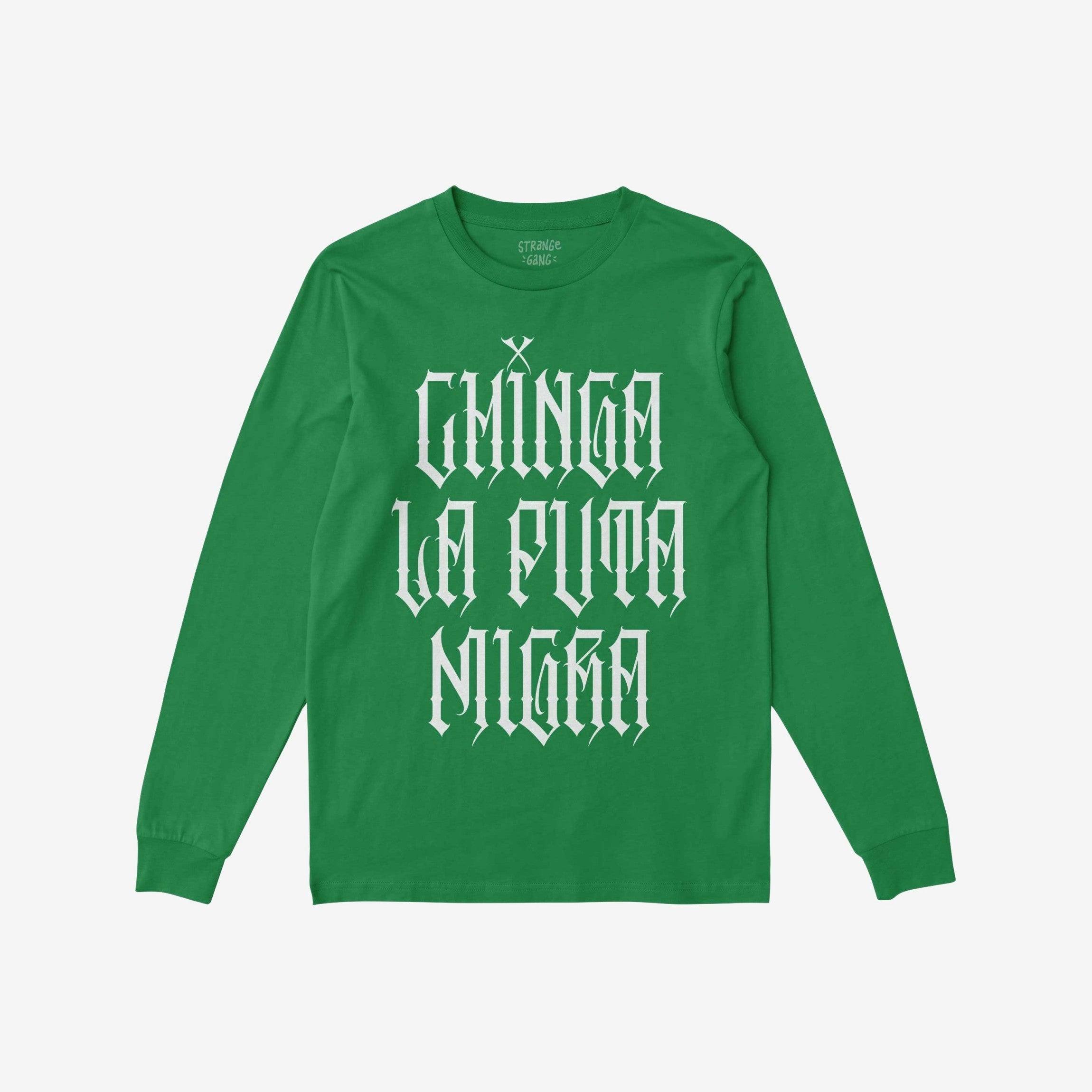 Chinga La Migra T-Shirt with bold, white Old English lettering across the chest, symbolizing defiance and resistance. The shirt is laid flat with the small label visible inside the collar.