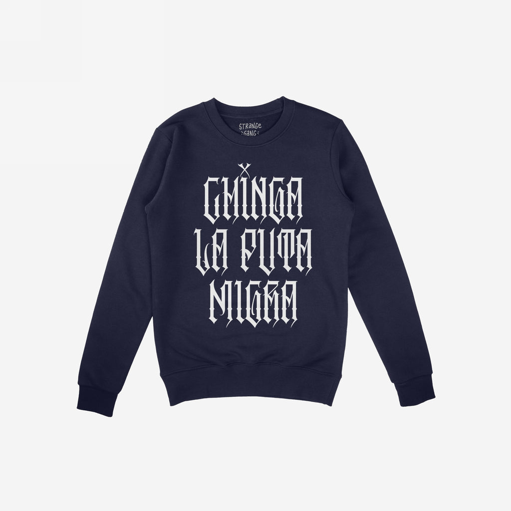 The Chinga La Migra Hoodie & Sweatshirt features bold, gothic-style white lettering, prominently displaying an unfiltered message challenging immigration authorities. This crewneck embodies defiance and activism in streetwear fashion.
