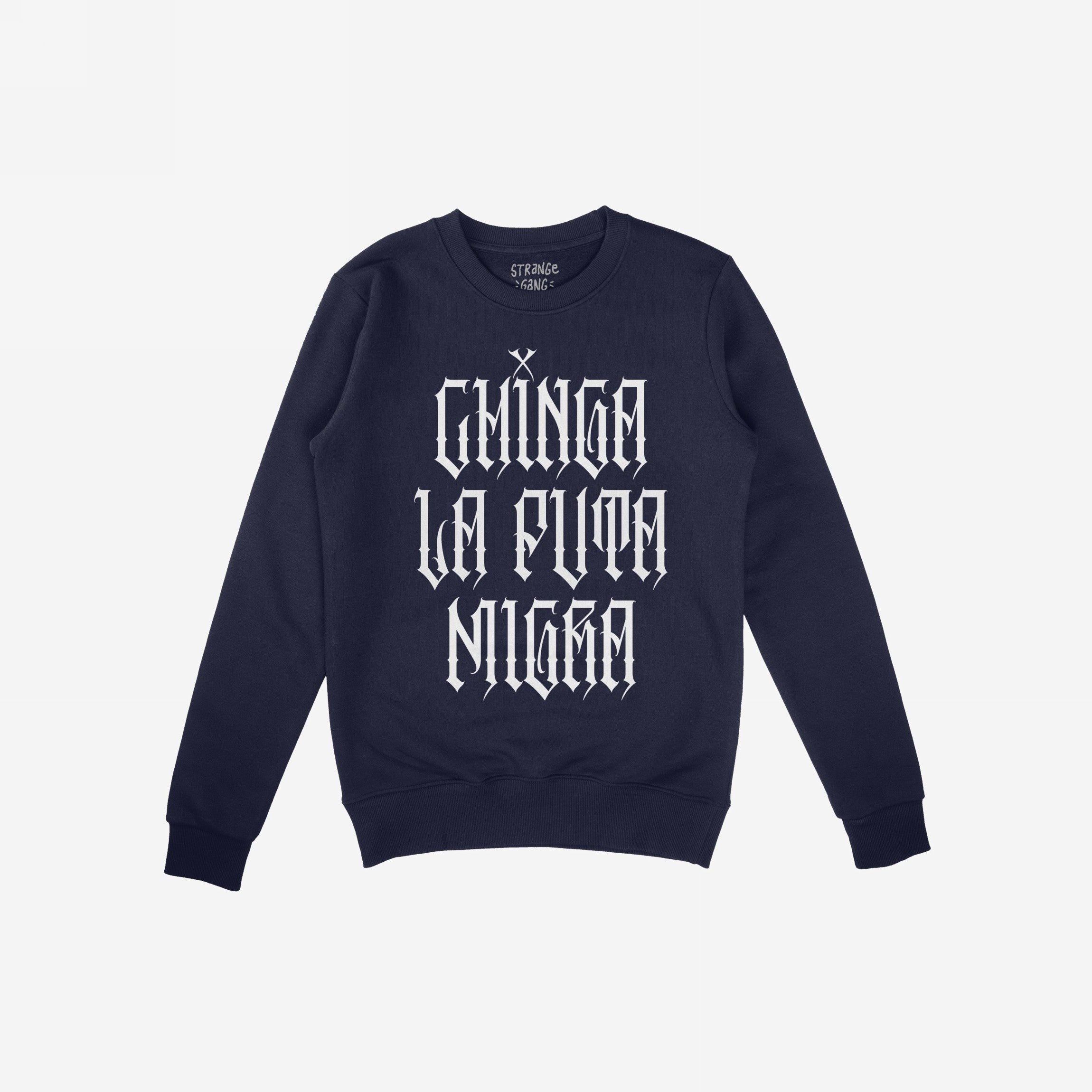 The Chinga La Migra Hoodie & Sweatshirt features bold, gothic-style white lettering, prominently displaying an unfiltered message challenging immigration authorities. This crewneck embodies defiance and activism in streetwear fashion.