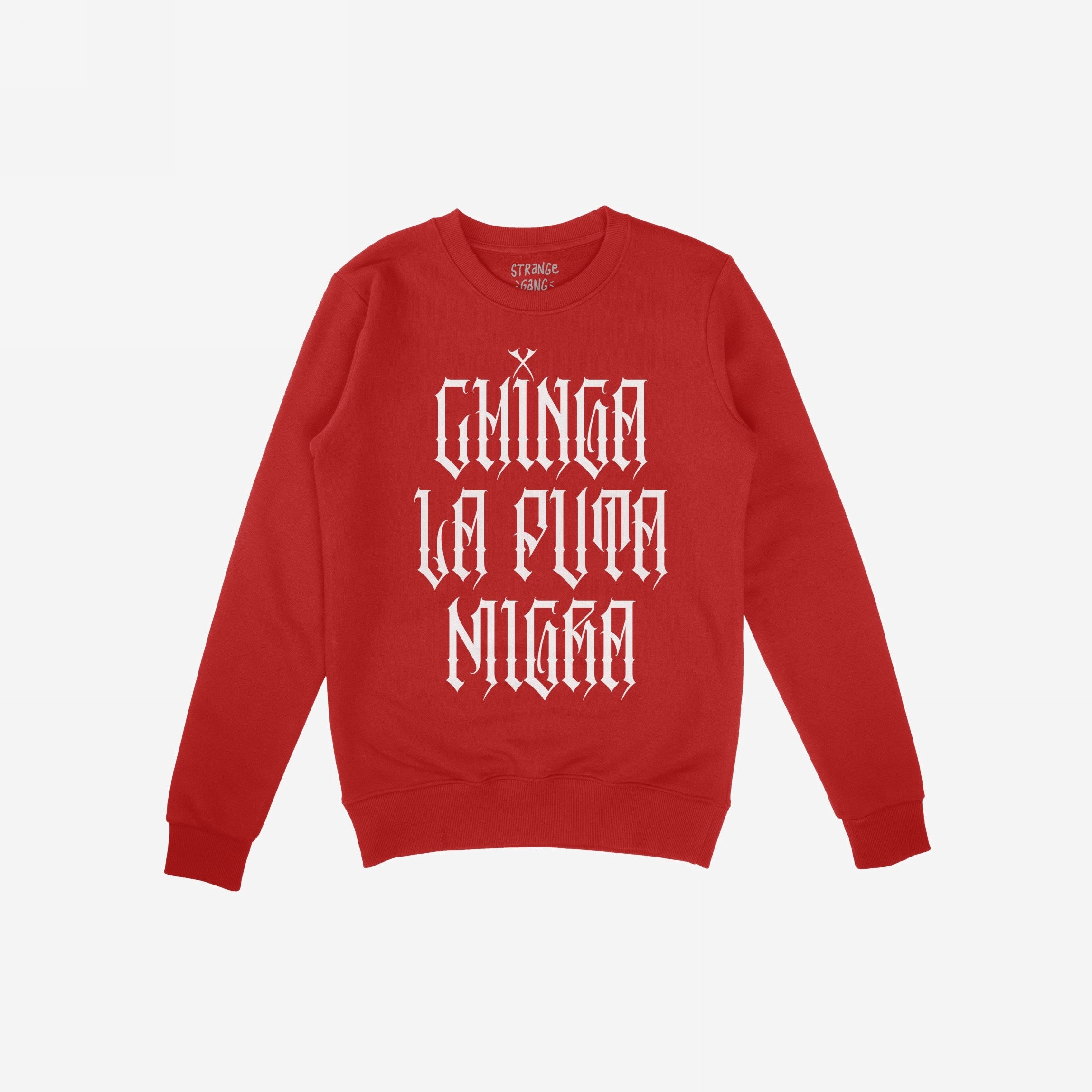 Chinga La Migra Hoodie & Sweatshirt featuring bold white Old English lettering, Chinga La Puta Migra, centered on a red crewneck, delivering a powerful anti-oppression statement through streetwear.