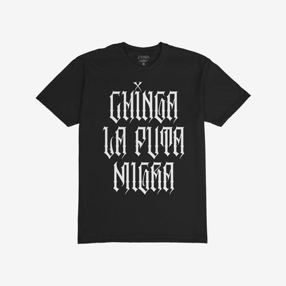 Black crew-neck T-shirt featuring the bold, Gothic-style slogan CHINGA LA PUTA MIGRA, symbolizing defiance and resistance. Ideal for those who embrace visibility and challenge oppression.