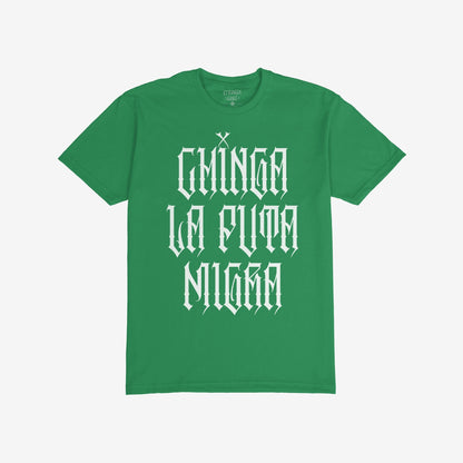 Chinga La Migra T-shirt displaying bold “Chinga La Puta Migra” in gothic white letters, embodying defiance and resistance against oppression, aligns with values supporting equality and anti-fascism.