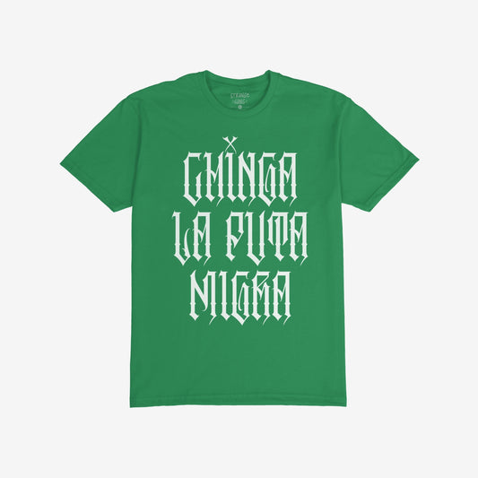 Chinga La Migra T-shirt displaying bold “Chinga La Puta Migra” in gothic white letters, embodying defiance and resistance against oppression, aligns with values supporting equality and anti-fascism.