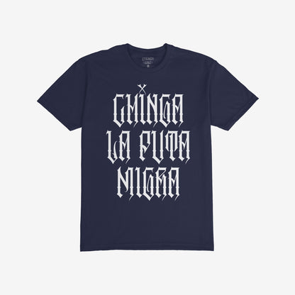 Navy-blue Chinga La Migra T-shirt featuring bold, white Gothic lettering CHINGA LA PUTA MADRE, embodying defiance and resistance. Brand tag visible, emphasizing an unapologetic stance against oppression.