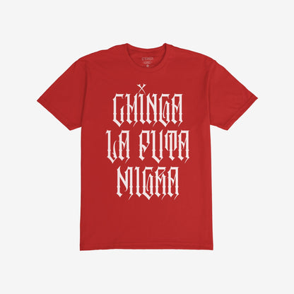 Chinga La Migra T-shirt with bold Old English-style lettering, displaying a powerful message of resistance and conviction. Ideal for those who stand against oppression and support social justice.