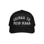 Chinga Tu MAGA Hat features bold, white Old English–style embroidery reading “CHINGA TU PUTO MAGA” on the front of a bl